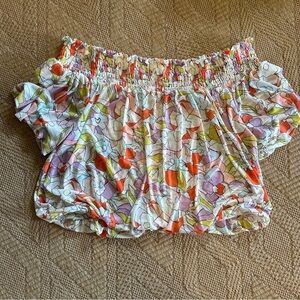 Free people large smocked short sleeve crop top floral geometric boho balloon